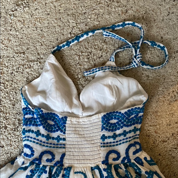 Anthropologie Blue and White Halter Plunge Midi Sundress - Picture 8 of 9